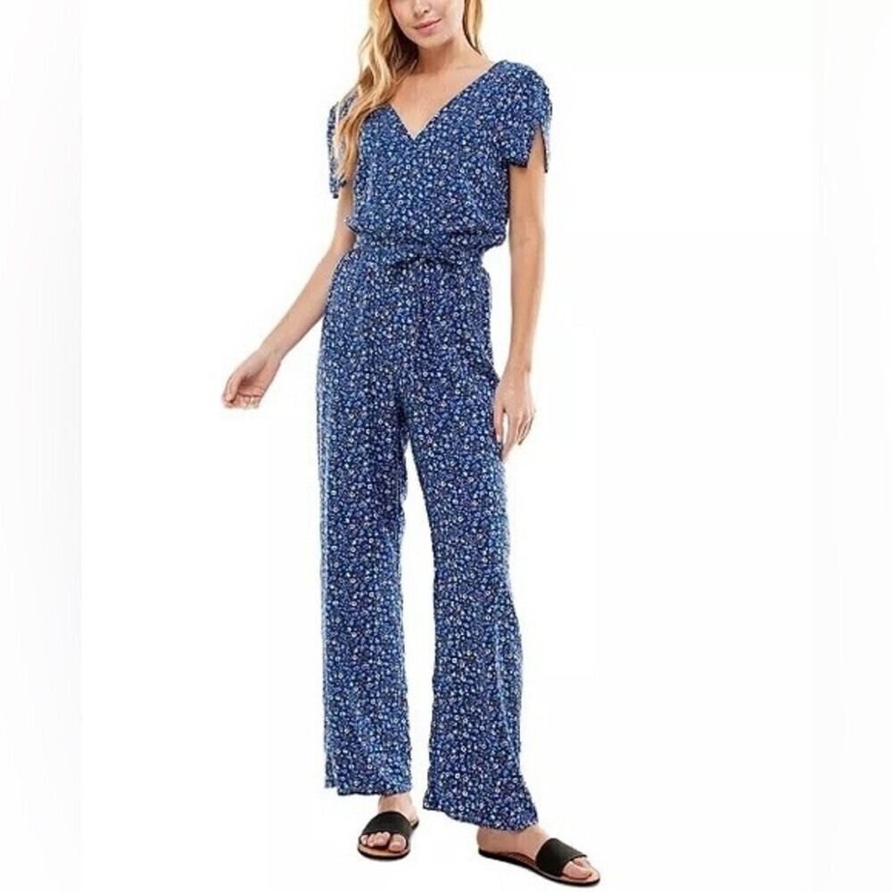 Kingston Grey New Size L‎ Floral Print Tie Waist Wide Leg Jumpsuit Blue Purple